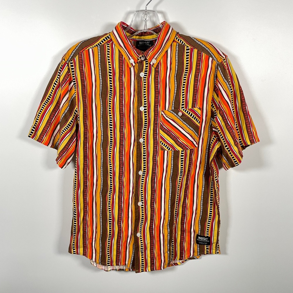 WeSC Oden SS Shirt Hand Stripes AOP Viscose Linen Blend Orange Mens M Sweden
